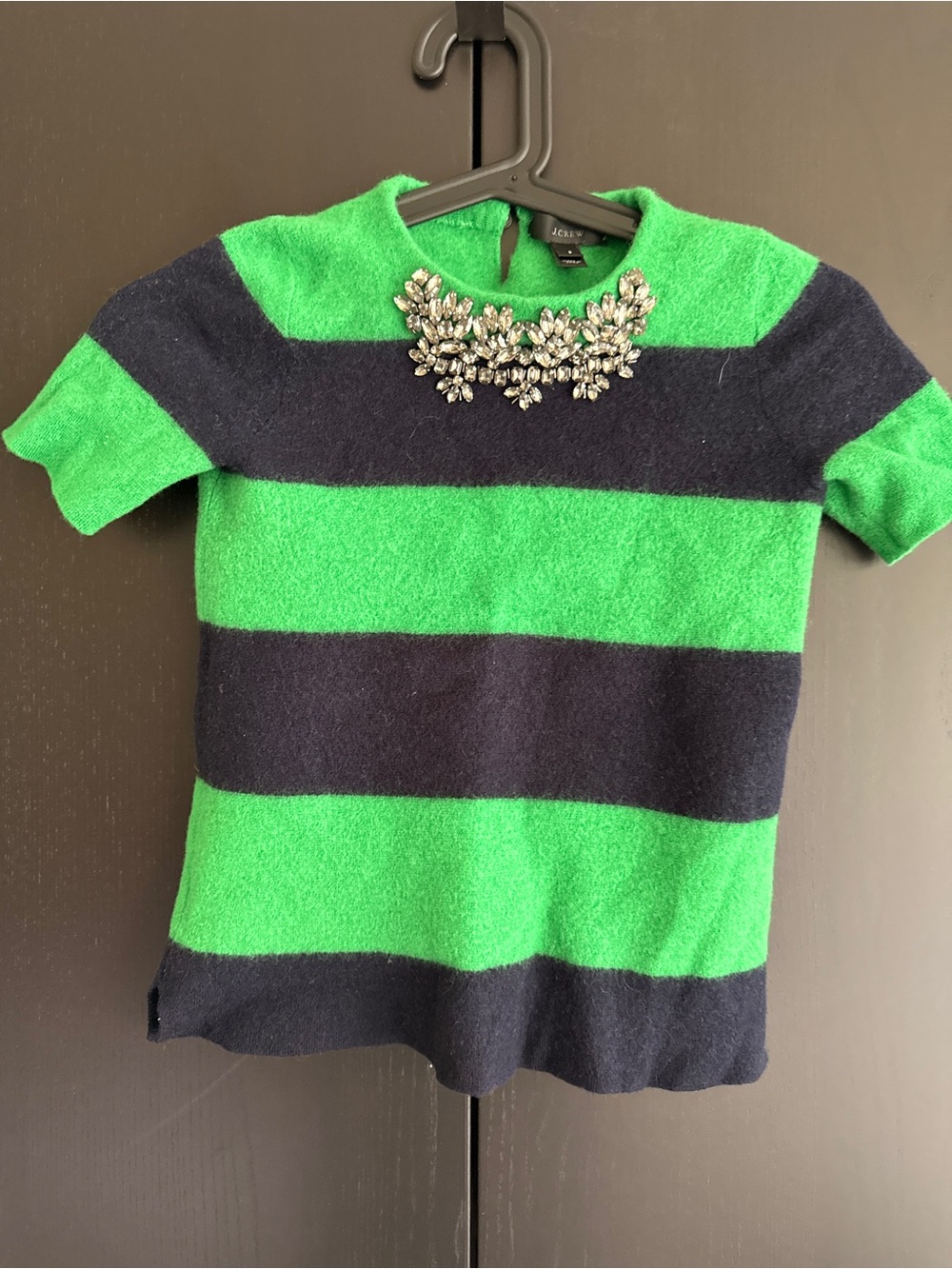 J. Crew Green and Navy Striped Short Sleeve Sweater with Jeweled Neckline
